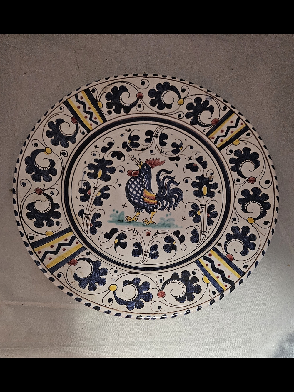 Hand-Painted Rooster Decorative Ceramic Plate in White and Blue Made In Italy